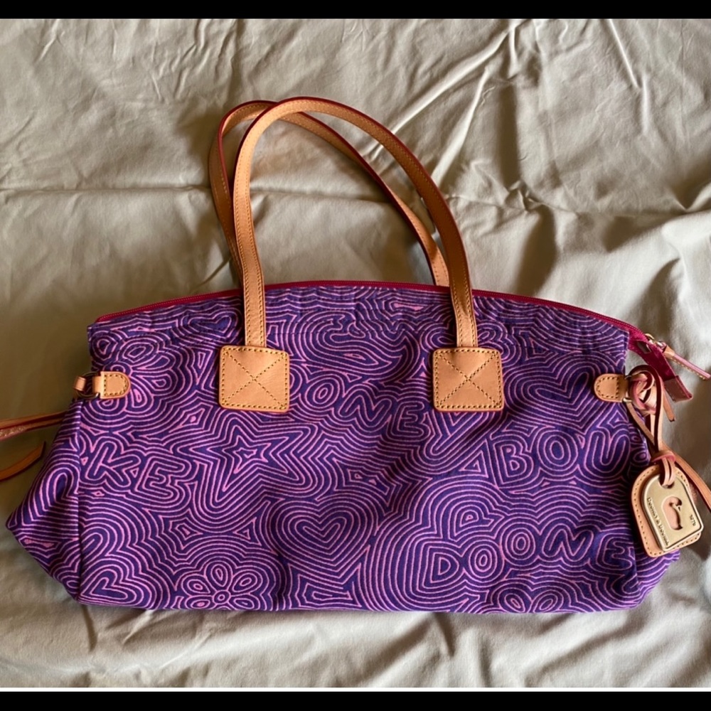 Dooney & Bourke Purple Patterned Shoulder Bag with Tan Leather Trim